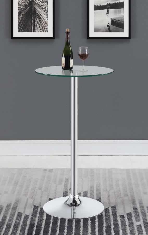  this contemporary bar table features a round tempered glass top and polished chrome pedestal base. A stylish fit for modern kitchens