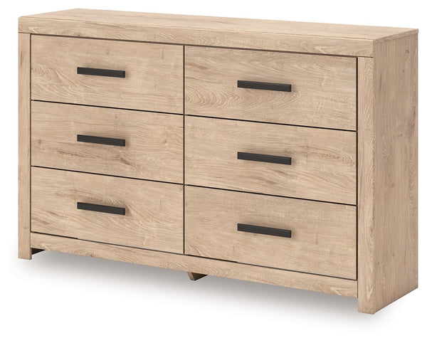  effortlessly creating an inviting atmosphere for a restful nightâ€™s sleep. Six spacious drawers with large black handles pro