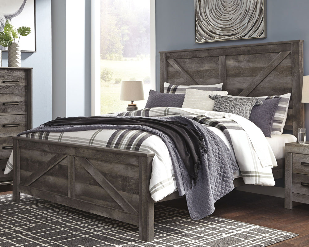 This king crossbuck panel bed is sure to win your heart with its daring designer take on modern rustic. The bedâ€™s crisp, clean and minimalist-chic profile is enriched with a striking replicated oak grain with thick plank styling and a weathered gray fin