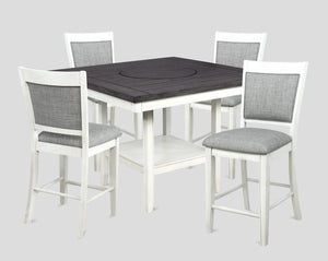 Transform your dining area with this elegant counter height dining set, designed to bring a touch of modern farmhouse charm to your home. The centerpiece table features a stunning dark wood top with built-in turntable that contrasts beautifully with the d