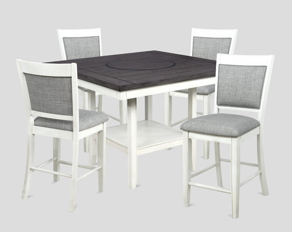 Transform your dining area with this elegant counter height dining set, designed to bring a touch of modern farmhouse charm to your home. The centerpiece table features a stunning dark wood top with built-in turntable that contrasts beautifully with the d
