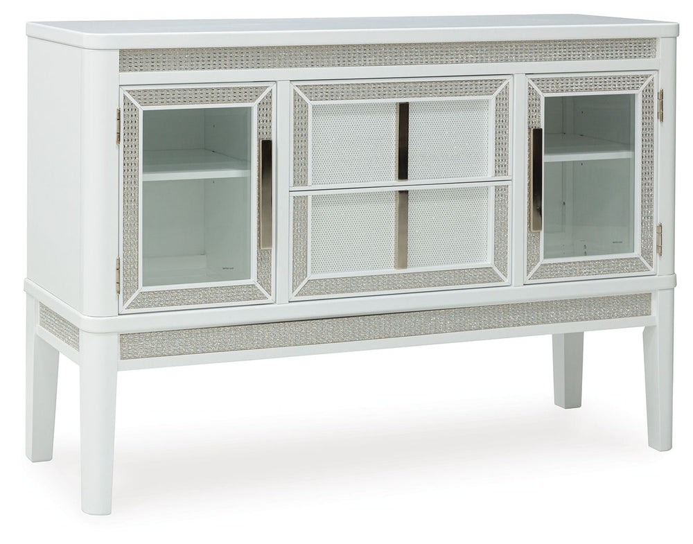Embracing modern glamour, this server is a sparkling addition to your dining area. The bright white lacquer finish, shimmering rhinestone accents and glass panel doors give this piece plenty of polish. Discreetly placed along the upper valance, white LED 