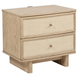 This nightstand combines practicality with elegant design, offering two drawers for convenient bedside storage. Finished in beige oak, it features smooth metal extension glides for easy access and antique brass hardware for a touch of vintage charm. The i