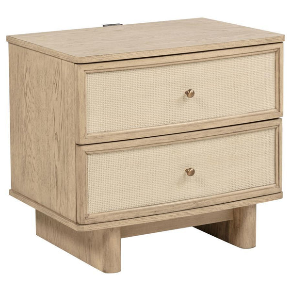 This nightstand combines practicality with elegant design, offering two drawers for convenient bedside storage. Finished in beige oak, it features smooth metal extension glides for easy access and antique brass hardware for a touch of vintage charm. The i