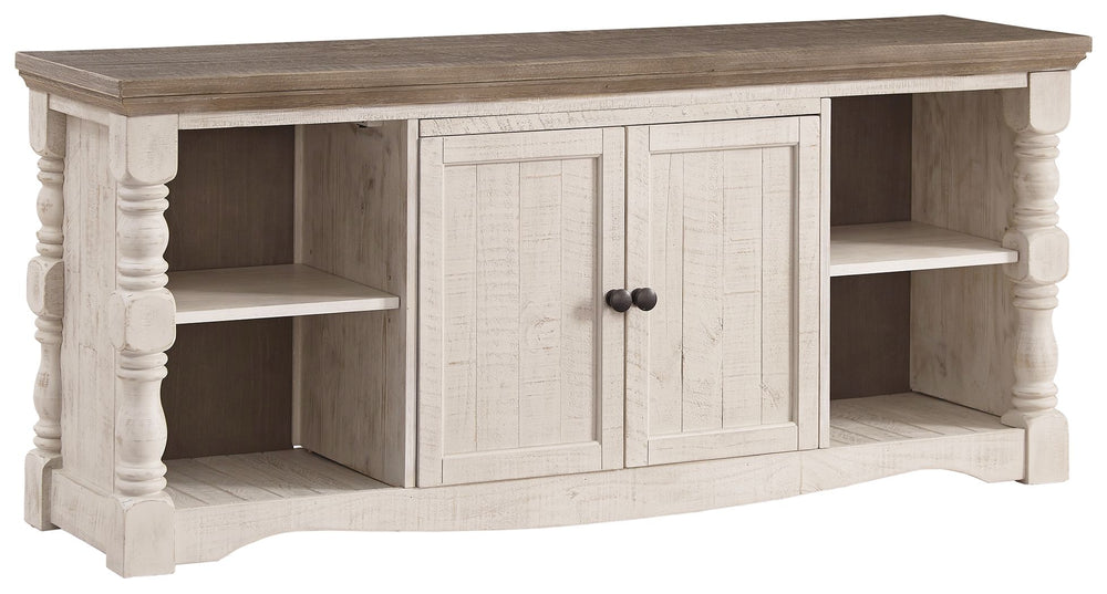 Set your sights on modern farmhouse style with this XL TV stand. Distressed two-tone treatment blends a weathered gray with vintage white for an utterly charming effect. Turned posts lend a hearty, substantial look that feels right at home, while plenty o