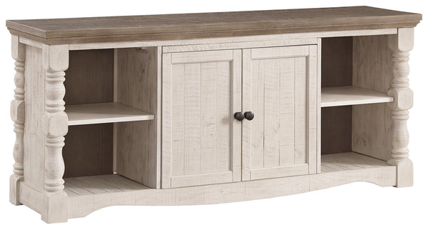 Set your sights on modern farmhouse style with this XL TV stand. Distressed two-tone treatment blends a weathered gray with vintage white for an utterly charming effect. Turned posts lend a hearty, substantial look that feels right at home, while plenty o