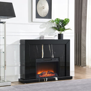 Creating a warm and inviting atmosphere with Drisana collection fireplace , it is a stunning blend of modern elegance and functionality. This rectangular fireplace features a sleek black mirrored surface accented with a sophisticated marble grain design. 