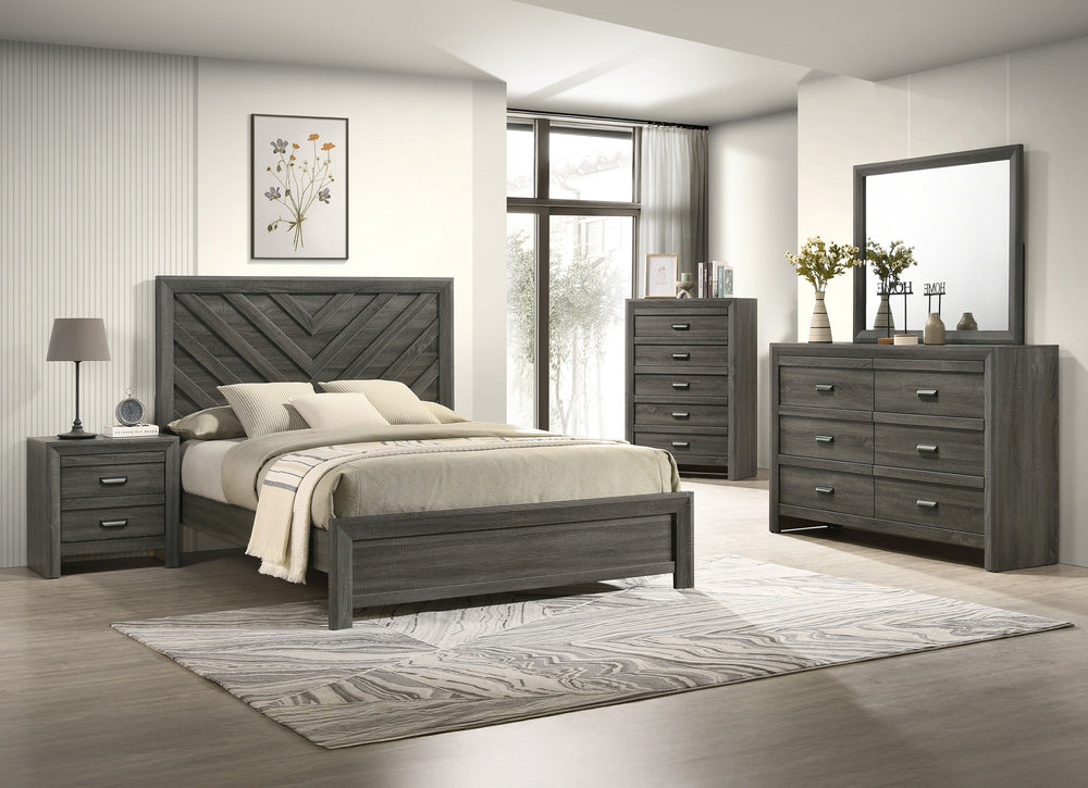 This bedroom collection encapsulates a blend of contemporary design and rustic charm. The centerpiece, a bed with a distinguished chevron patterned headboard, evokes a sense of craftsmanship and texture, infusing the space with character. Flanking the bed