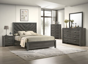 This bedroom collection encapsulates a blend of contemporary design and rustic charm. The centerpiece, a bed with a distinguished chevron patterned headboard, evokes a sense of craftsmanship and texture, infusing the space with character. Flanking the bed