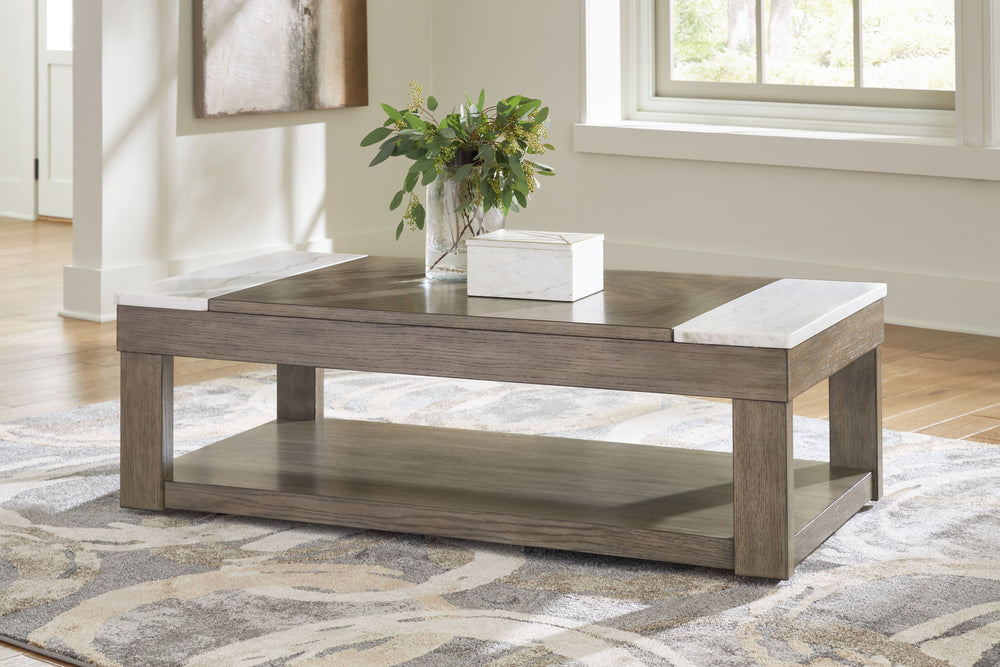 Welcome casual, contemporary style and functionality to your home. This lift-top coffee table is equipped with a convenient lift-top surface for working or dining from your sofa, as well as a spacious lower shelf to display treasured items. Natural white 