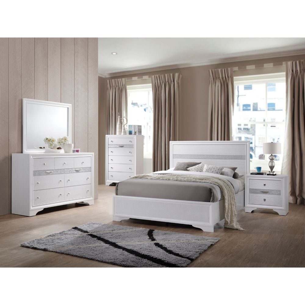 The Naima bedroom collection offers sophisticated look, clean lines and contemporary style. Features panel headboard, and low profile footboard in bright white finish with contrasting sparkling acrylic trim, which provides elegant style that will bring yo