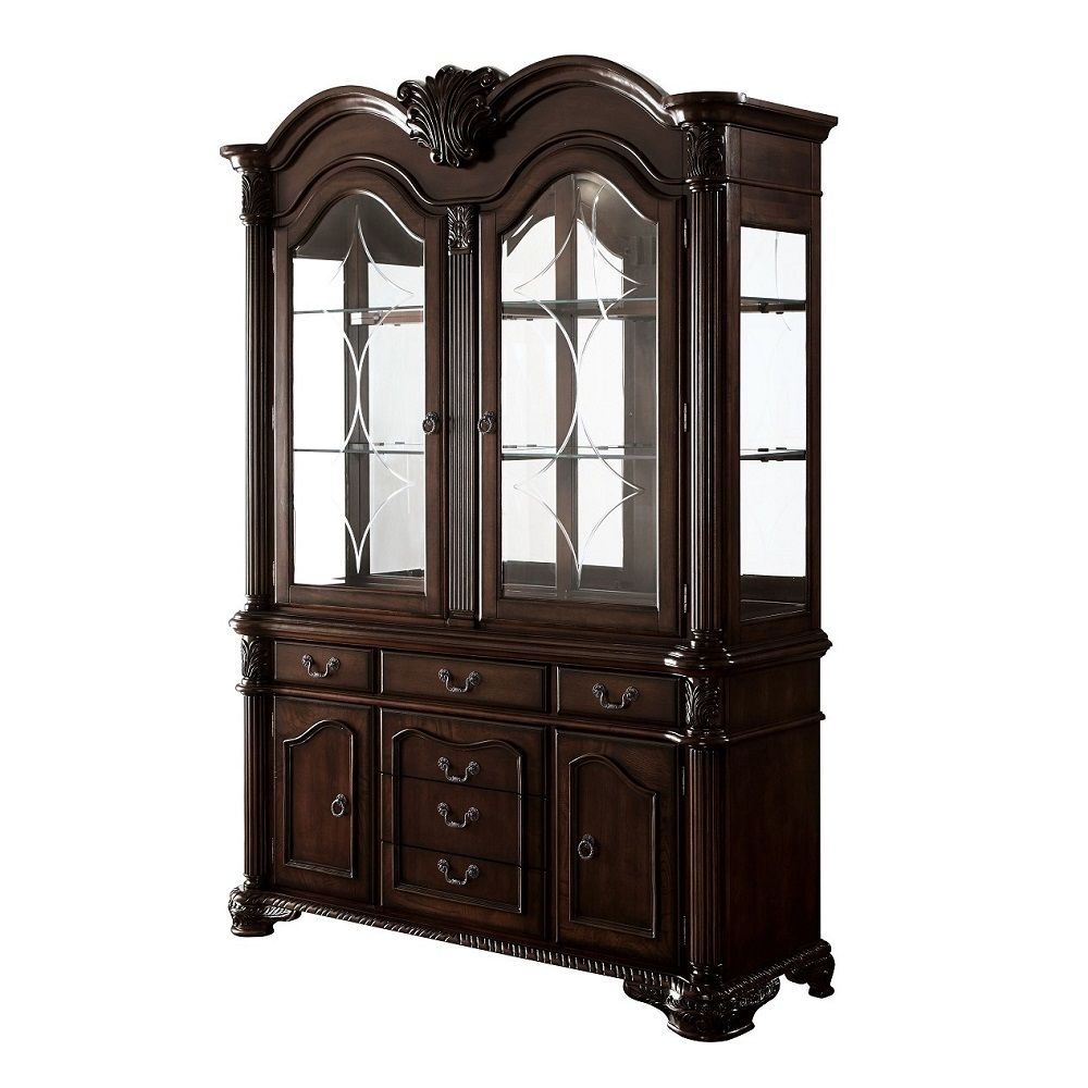 Hutch & Buffet Hutch with Touch Light Function Hutch Storage: 2 Glass Doors with 2 Glass Shelves Inside (Back Mirror Panel) Buffet Storage: 5 Drawers, 2 Wood Doors Buffet Drawer: Center Metal GLIDE Drawer , Felt Lined Top Drawer Collection Chateau de Vill