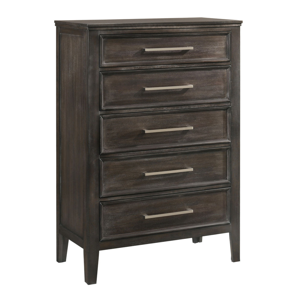 The Andover Five Drawer Wood Chest in Nutmeg Brown combines durability, functionality, and modern rustic style, making it an essential piece for any bedroom. Expertly crafted from solid Rubberwood, manufactured woods, and wood veneers, this chest is built