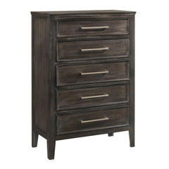 The Andover Five Drawer Wood Chest in Nutmeg Brown combines durability, functionality, and modern rustic style, making it an essential piece for any bedroom. Expertly crafted from solid Rubberwood, manufactured woods, and wood veneers, this chest is built