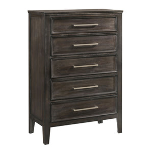 The Andover Five Drawer Wood Chest in Nutmeg Brown combines durability, functionality, and modern rustic style, making it an essential piece for any bedroom. Expertly crafted from solid Rubberwood, manufactured woods, and wood veneers, this chest is built