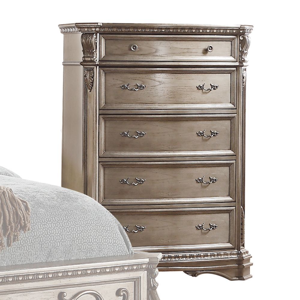 Shaped Wooden Top 5 Drw (Recessed Front Panels) Drawer: Glide Side Metal (27mm Ball Bearing, Full Ext.), Dovetail French Front, Felt-Lined Top Drawer, Safety Stop Included, Manual Close, Hdw Drawer: Silver Gray Metal, Top Drawer: Double Knobs, Bottom Draw