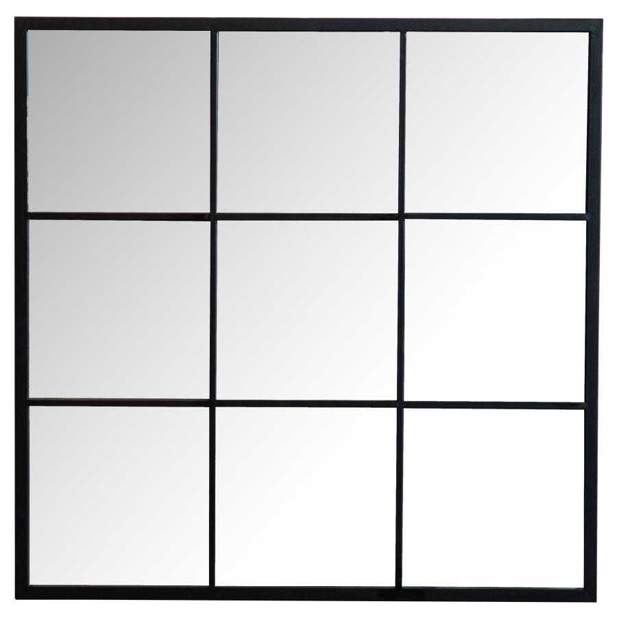 This square mirror features a classic windowpane layout, bringing timeless symmetry and charm to any interior. Divided into nine mirrored panels by slender black trim, it creates a French-inspired grid effect that adds depth and balance to walls. The bold