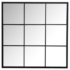 This square mirror features a classic windowpane layout, bringing timeless symmetry and charm to any interior. Divided into nine mirrored panels by slender black trim, it creates a French-inspired grid effect that adds depth and balance to walls. The bold