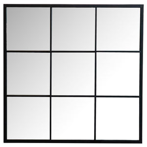 This square mirror features a classic windowpane layout, bringing timeless symmetry and charm to any interior. Divided into nine mirrored panels by slender black trim, it creates a French-inspired grid effect that adds depth and balance to walls. The bold