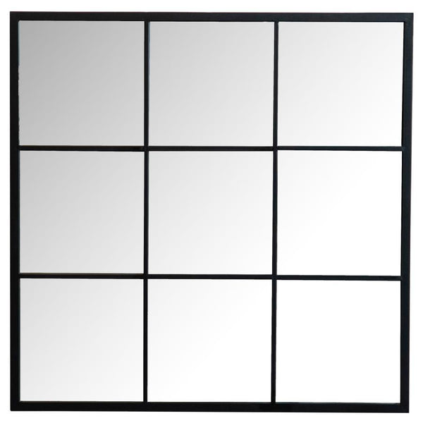 This square mirror features a classic windowpane layout, bringing timeless symmetry and charm to any interior. Divided into nine mirrored panels by slender black trim, it creates a French-inspired grid effect that adds depth and balance to walls. The bold