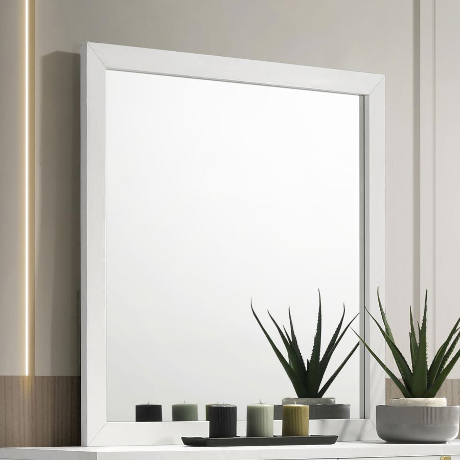 With a fresh look and minimalist design, this dresser mirror creates a versatile look perfect for a modern bedroom ensemble. A rectangular silhouette makes its mark with both functionality and a chic yet basic design. Framing consists of MDF and melamine,