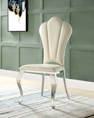 The Cyrene side chairs offer a visually stunning place to sit on and enjoy meals. The chairs are beautifully scalloped and are accentuated with a shiny stainless-steel frame. The beige PU upholstery is SOFT and stylish. The padded seats offer plenty of su