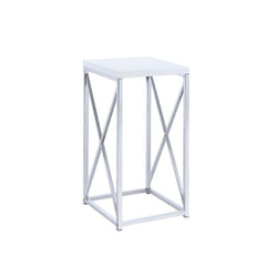 This the modern accent table oozes luxury and offers a sophisticated update to a simple silhouette. Decorated with X-shape details, the base is constructed of sleek lines in a bright, metallic finish. Dress up any living or sitting area with the crisp and