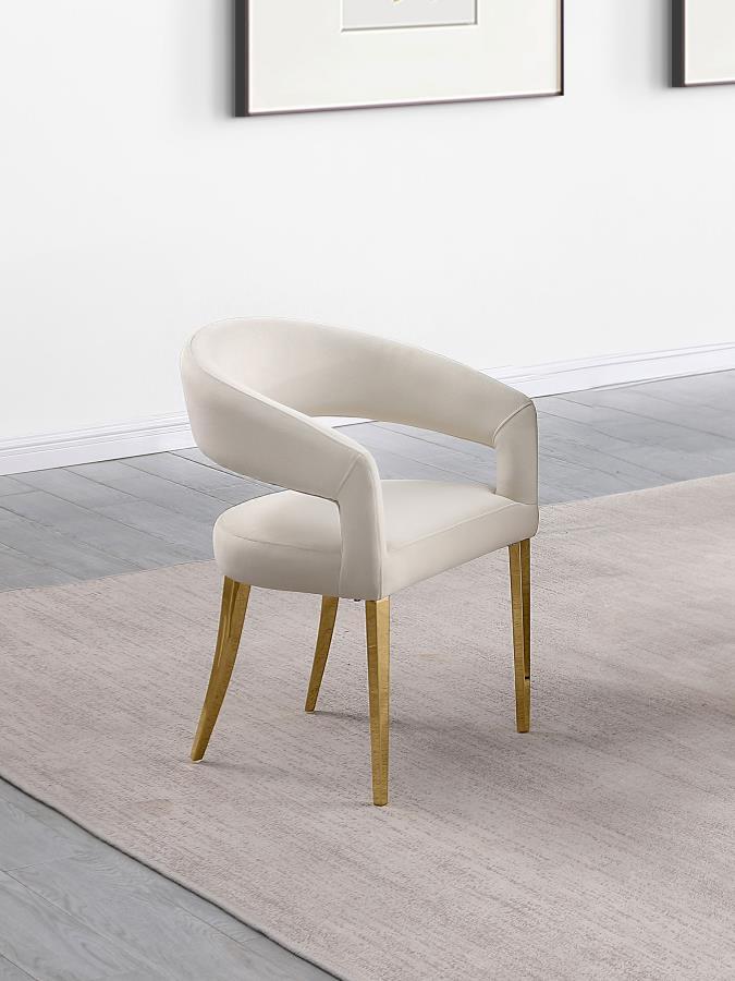 Change the aesthetics of your modern dining room with a refined set of two dining chairs. They-'re designed with a rounded back and sloping arms with a floating look, creating a sense of open, airy ambiance. The chairs are padded with foam, ensuring excel