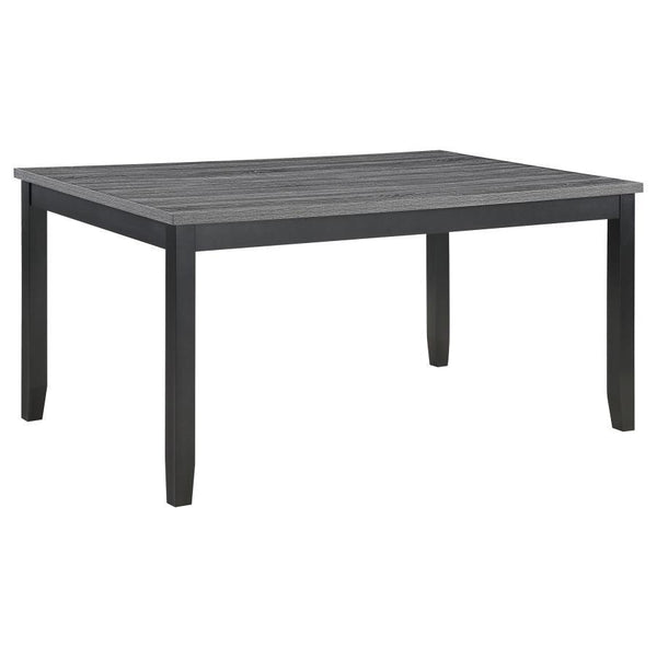  a blend of modern design and classic comfort. The rectangular dining table boasts a durable grey wood-look decorative laminate top