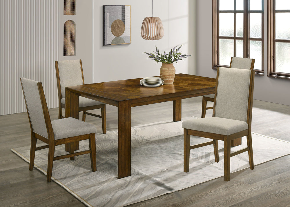 Transform your dining space into a haven of warmth and style with this stunning ensemble, perfect for both casual and formal settings. The tailored chairs and tufted bench are upholstered in a soft neutral fabric, providing luxurious comfort and a modern 