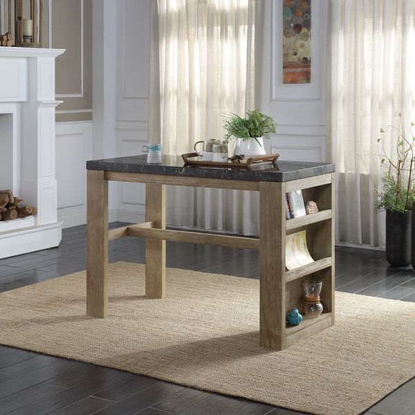 The Charnell dining collection is designed in a transitional style to complement any home. The beautiful and durable marble tabletop and oak finish complement each other beautifully. The counter height table features side storage for keeping your dining a