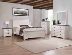 Step into a refreshing retreat with this bedroom collection that embodies a casual, coastal elegance. The centerpiece is a bed with a gently curved headboard, showcasing clean lines and a light, weathered finish that evokes a sense of beachside serenity. 