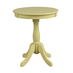Offered in four colors: White, light yellow, black and light green in the sought after shabby chic look. The Alger side table exemplifies this look and elegantly designed with its traditional design of round top, shapely turned base and four stylized knee