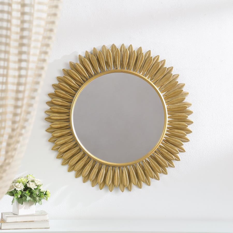 Instill the freshness of springtime in your living area or bedroom decor with a modern wall mirror. Offering sculptural presence, it boasts a center of round mirror glass. The frame is a double layer of delicate petals, introducing a floral element that c