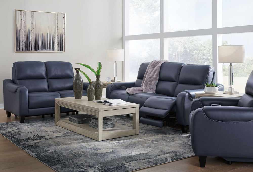 This power reclining sofa with matching loveseat and recliner set puts a sleek twist on laid-back living. It satisfies your desire for comfort without being bulky in design, thanks to subtly incorporated one-touch reclining and adjustable headrests. With 