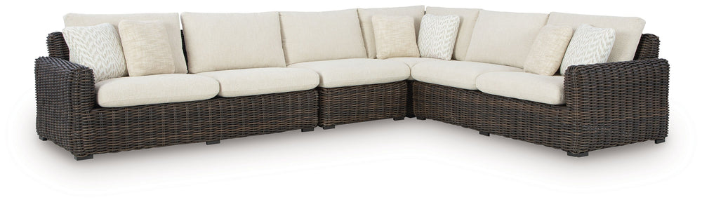 Add luxury, comfort and durability to alfresco fun. This outdoor sectional captures the textural beauty of wicker while withstanding the elements, from rain to shine. With a UV-resistant design, the wonderfully low-maintenance Nuvella+â„¢ fabric maintains