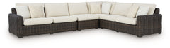 Add luxury, comfort and durability to alfresco fun. This outdoor sectional captures the textural beauty of wicker while withstanding the elements, from rain to shine. With a UV-resistant design, the wonderfully low-maintenance Nuvella+â„¢ fabric maintains