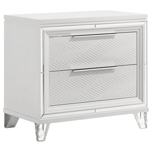 Complete your bedroom ensemble with this elegant 2-drawer nightstand, designed with a modern Italian aesthetic. The white finish, accented with mirror framing and polished chrome metal hardware, creates a striking look. Featuring picture framed recessed p