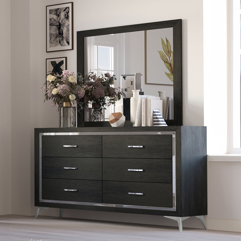 The Huxley 2-Piece Dresser and Mirror Set in Black combines contemporary glam with durable construction for a stylish and functional addition to any bedroom. This set includes a 6-drawer dresser and a mirror, both crafted from manufactured woods and eco-f