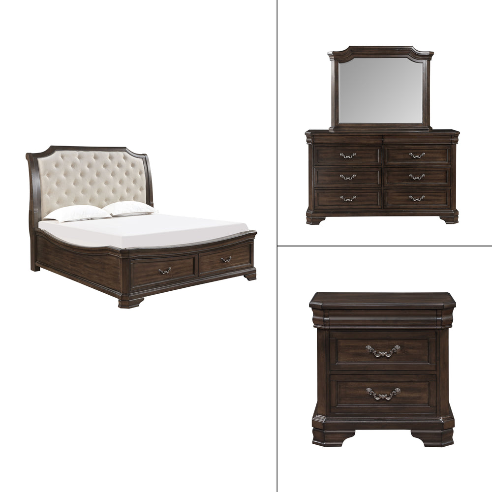 Uncover the Lyndhurst 4 pc bedroom set, a marvel of timeless design and enduring quality. This set features a stunning bed, 6-drawer dresser, mirror, and 2-drawer nightstand, all in rich walnut brown. Crafted from solid Acacia, Acacia veneers, and manufac