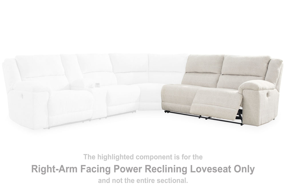 This right-arm facing power reclining loveseat is made with polyester upholstery. Pairs with other items in the series to make a sectional.<br><br><b>Additional Dimensions</b><br><ul><li>Arm height: 26-"</li><li>Seat depth: 22-"</li><li>Seat height: 21-"<