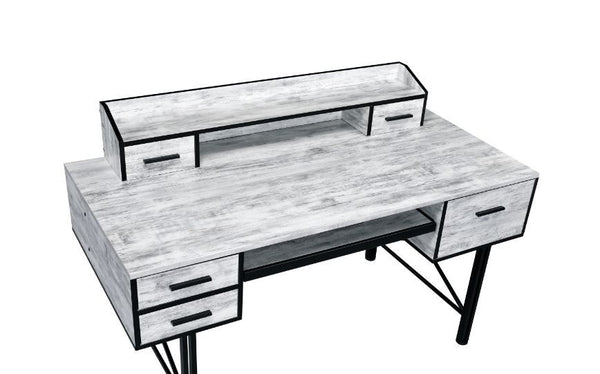  there is a low open hutch with two small drawers that allows you place a computer 