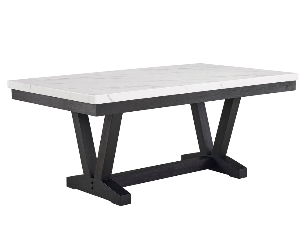 A fresh take on a traditional silhouette makes this group a great addition to your dining space. A faux marble top provides an elegant look while being easy to care for. The trestle base is updated in a contemporary charcoal finish. The upholstered dining