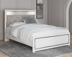 The epitome of fashion-forward design, this queen upholstered panel bed is a beautiful blend of comfort and luxury. Shiny chrome-tone accents, a pearlized finish and button-tufted upholstery bring a glam touch to the richly rustic appearance. Remote-contr