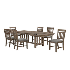 The Harrisburg 7-Piece Dining Set is the perfect blend of tradition and quality, featuring a dining table and six side chairs finished in a deep walnut brown. This set is robustly constructed from solid rubberwood, manufactured woods, and oak veneers, ens