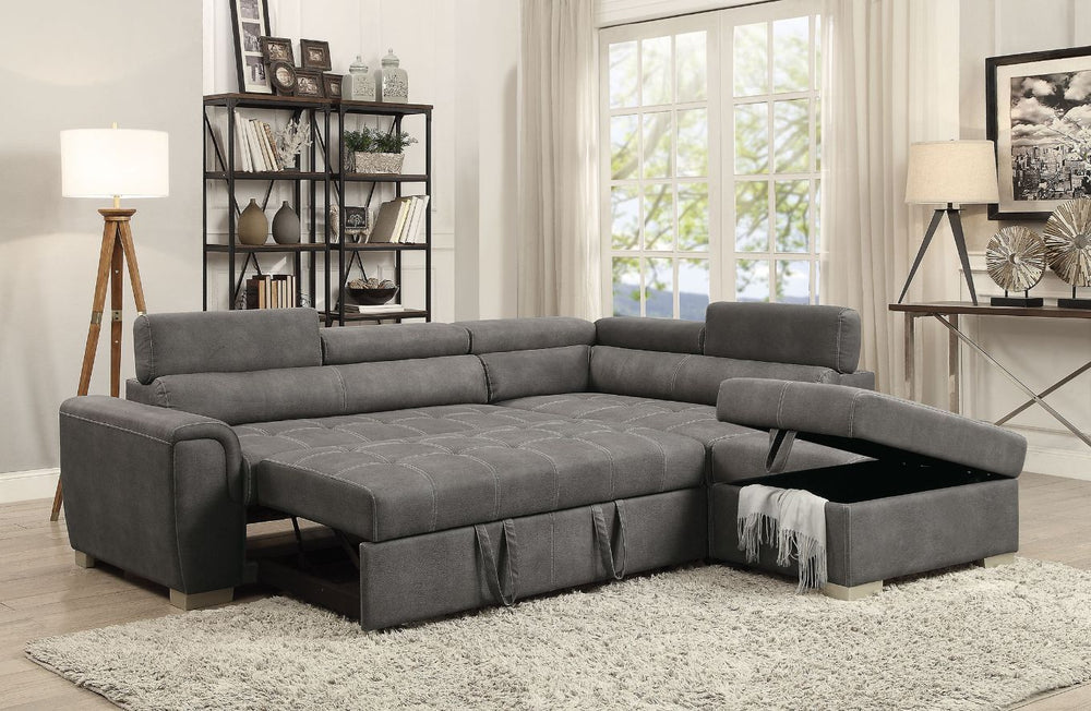 Experience simplicity with this Thelma sectional sofa with ottoman. Upholstered in gray polished microfiber, this sectional sofa features full foam seat cushion and adjustable headrest for maximum comfort. In addition, pull-out sleeper provides extra conv