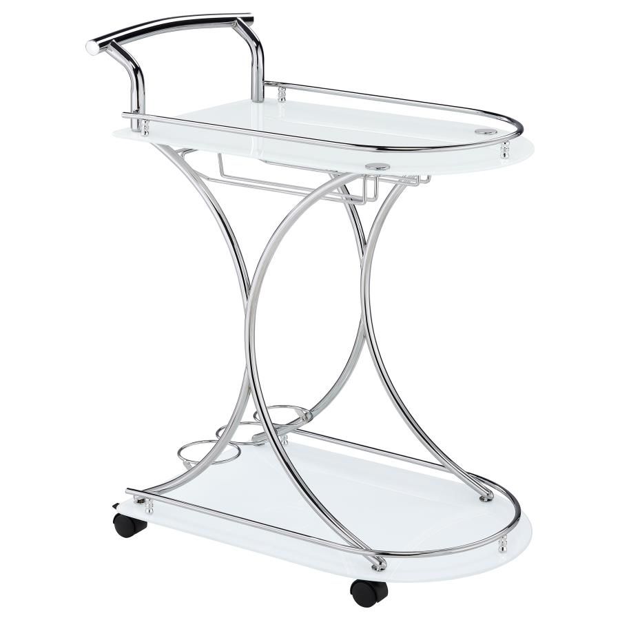 Mobile and beautiful describe the motif of this gorgeous serving cart. With a romantic mid-century look, its slender silhouette delivers elegance and utility. Enjoy a curved frame made from chrome finish metal, and two white glass shelves that aid in serv