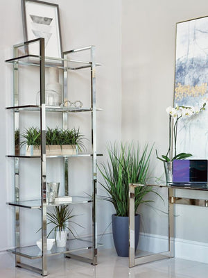  polished finishes. The shelves are made with tempered glass for smooth