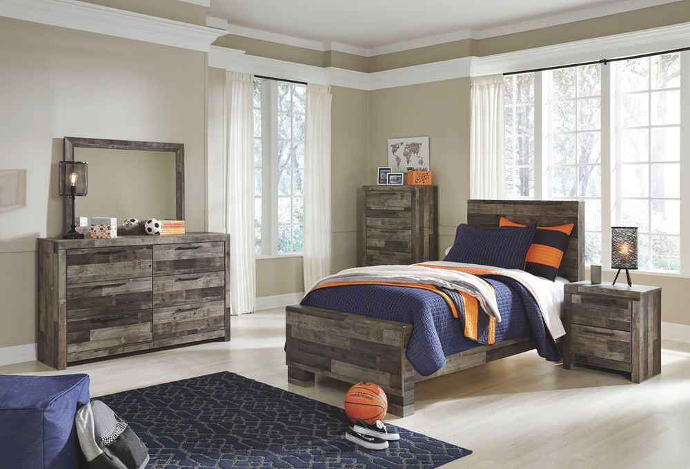 Modern yet hefty. This twin panel bed makes an urban eclectic statement. Seasoned raw wood look merges with the clean lined design we love today. Muted rustic finish over replicated pine grain maintains its authenticity for a beauteous look. Mattress and 