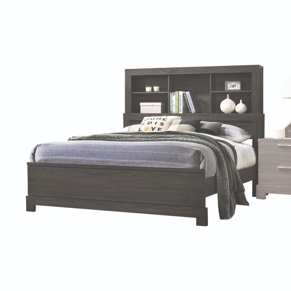 The Lantha bed boasts clean lines and features a rectangular bookcase headboard and low profile footboard in a unique mix of natural hardwood in a gray oak finish. Multiple open compartments on the headboard allow storage for anything from books to accent